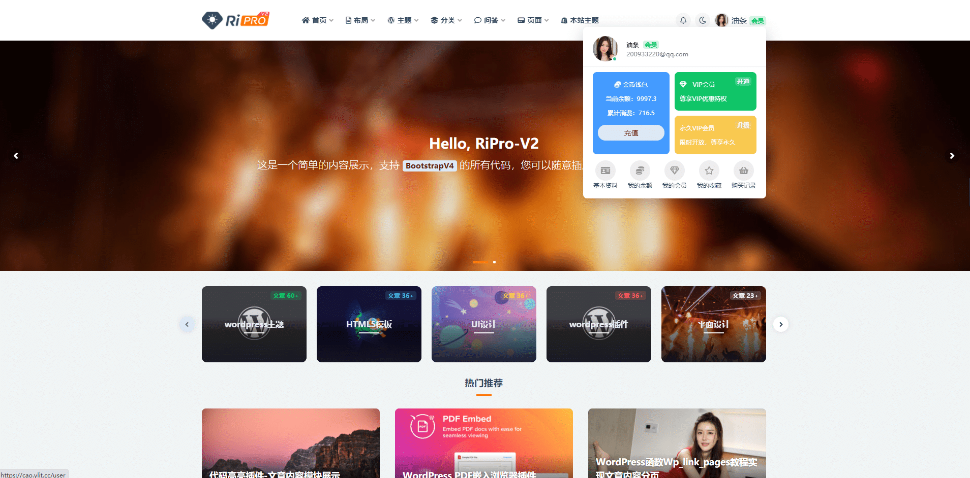 RiPro-V2 资源与素材下载网站WordPress热门主题[更至v4.8]