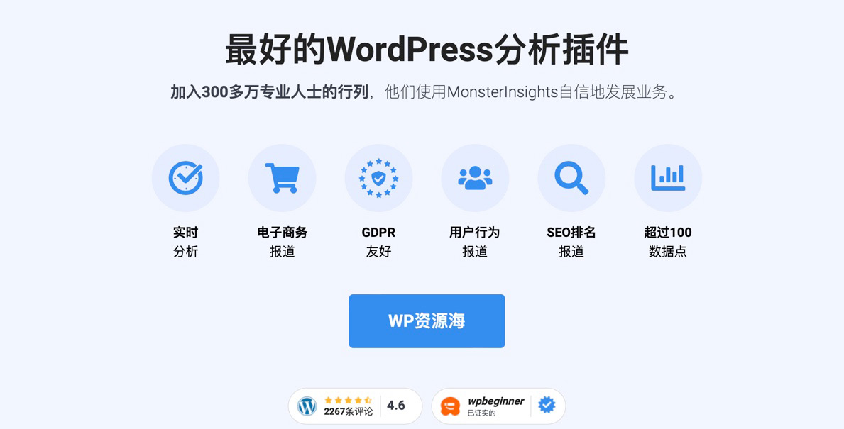 2026 WordPress 网站统计插件推荐:13 款数据分析工具对比插图5-WP资源海 MonsterInsights Pro-谷歌分析/用户行为分析/增加转化率WordPress插件