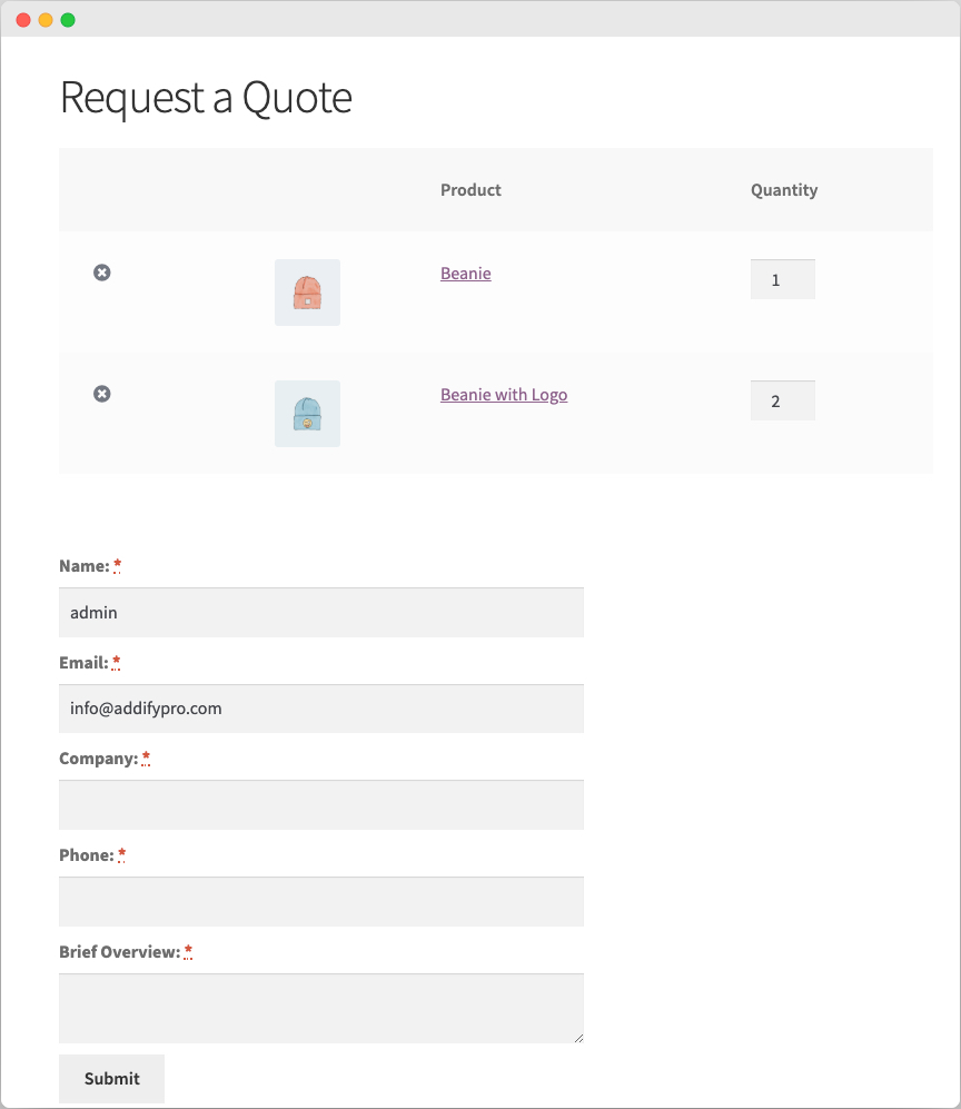 Request a Quote for WooCommerce 客户报价表单提交插件插图2-WP资源海 WooCommerce 报价单购物车页面