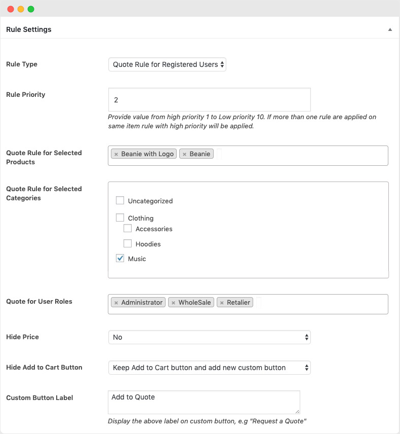 Request a Quote for WooCommerce 客户报价表单提交插件插图4-WP资源海 为特定产品和用户角色启用报价按钮