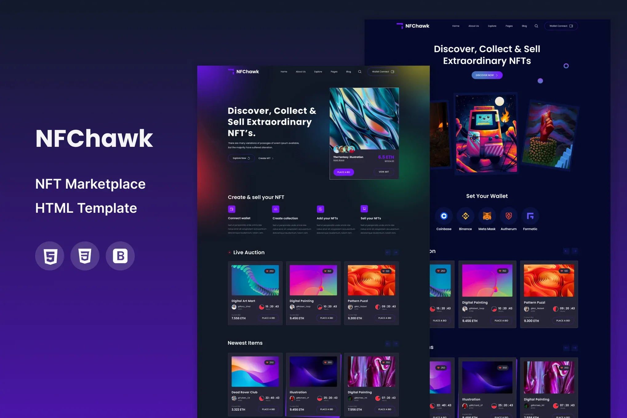 NFChawk-专业炫酷的NFT交易平台网站HTML模板插图1-WP资源海 NFChawk-专业炫酷的NFT交易平台网站HTML模板插图1-WP资源海