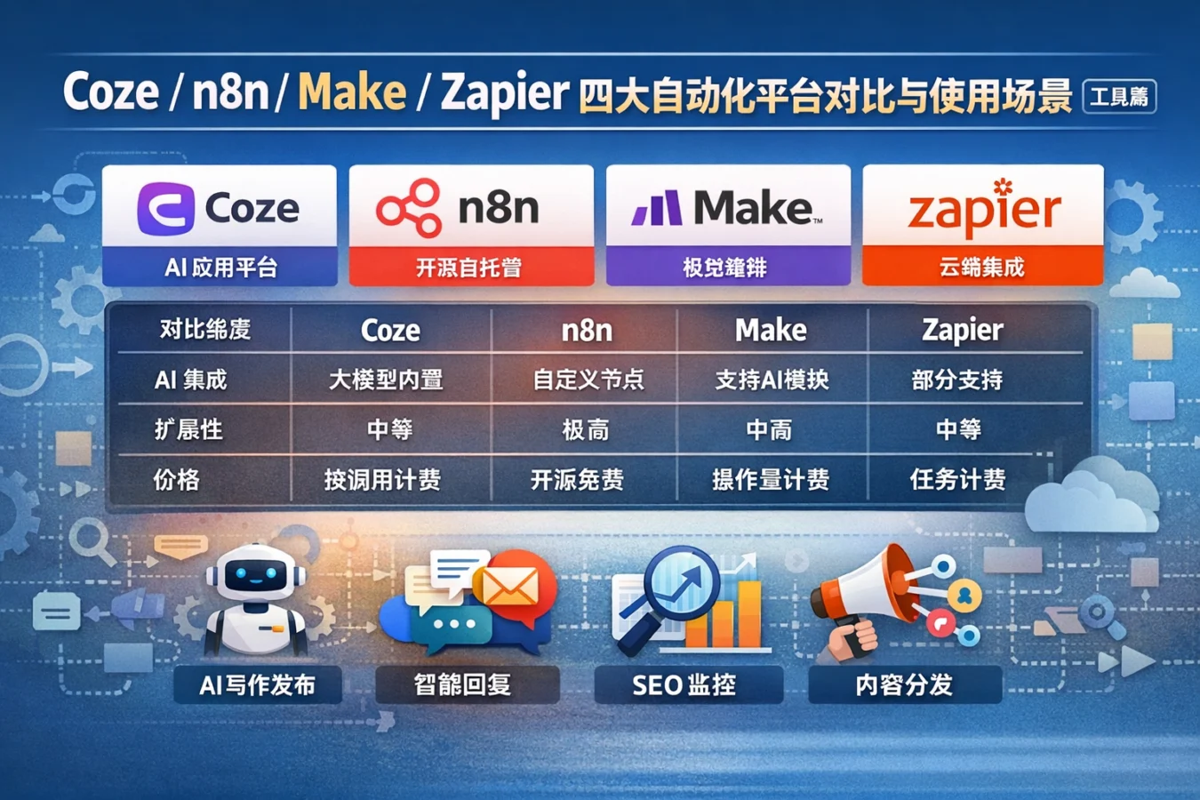 Coze / n8n / Make / Zapier：四大自动化平台对比与使用场景（工具篇）