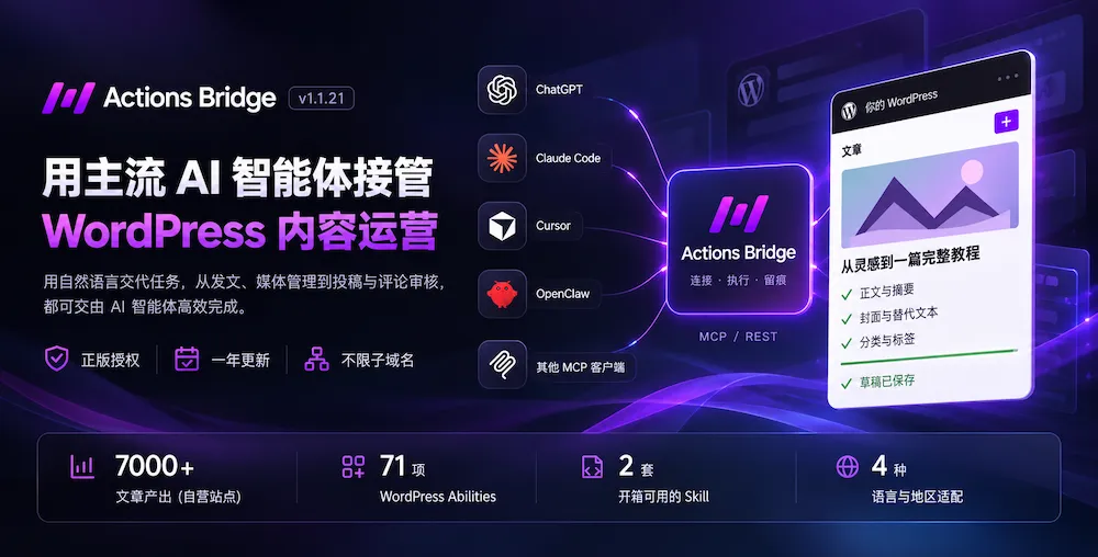 Actions Bridge - 用主流 AI 智能体接管 WordPress 内容运营