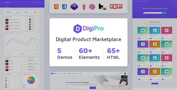 DigiPro 数字市场 HTML 模板（带仪表盘）
