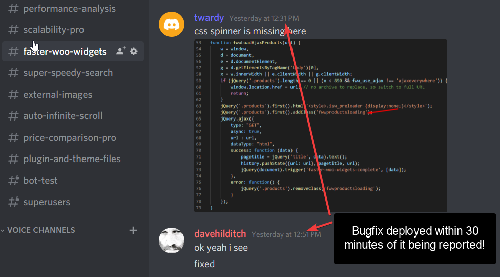 Super Speedy Filters–WooCommerce 高性能过滤插件插图1-WP资源海 Screenshot of Super Speedy Plugins Discord channel where a user has an issue and Dave Hilditch replies with a fix 20 minutes later.