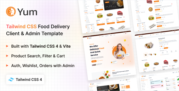 Yum Tailwind CSS 4 餐饮客户端与管理后台 HTML 模板