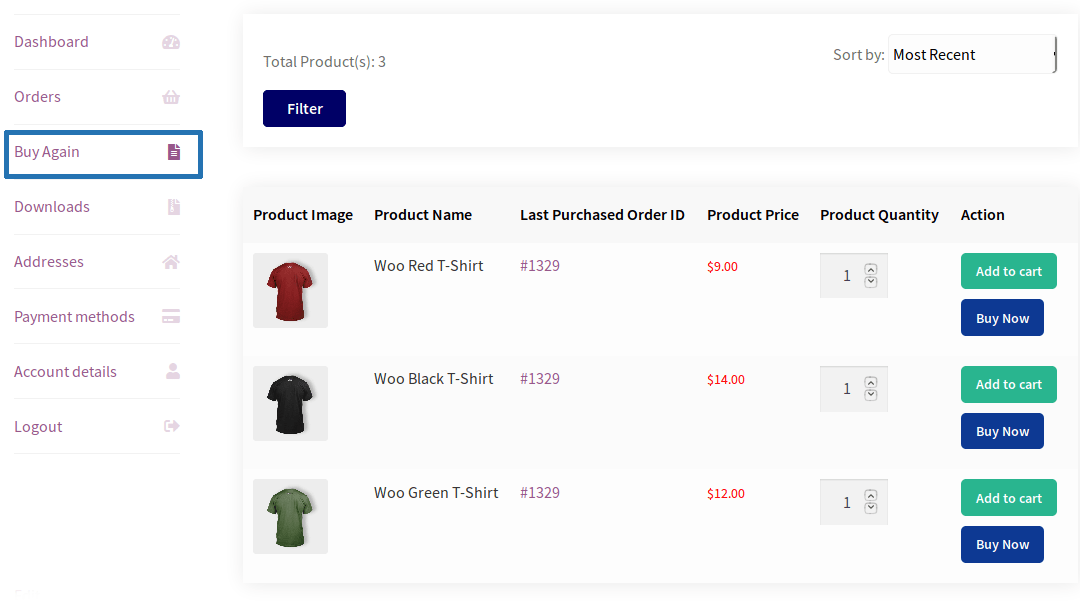 Woocommerce Buy Again 历史订单商品复购 WordPress 插件