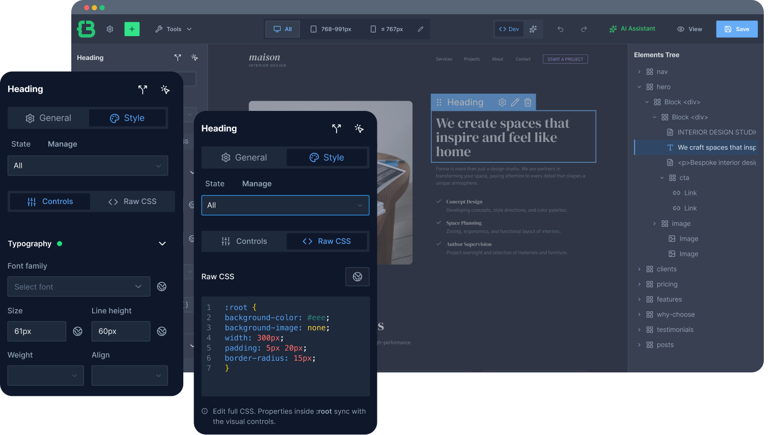 CrocoBuilder AI 原生 WordPress 插件插图3-WP资源海 CSS Synch view switching between visual controls and raw CSS