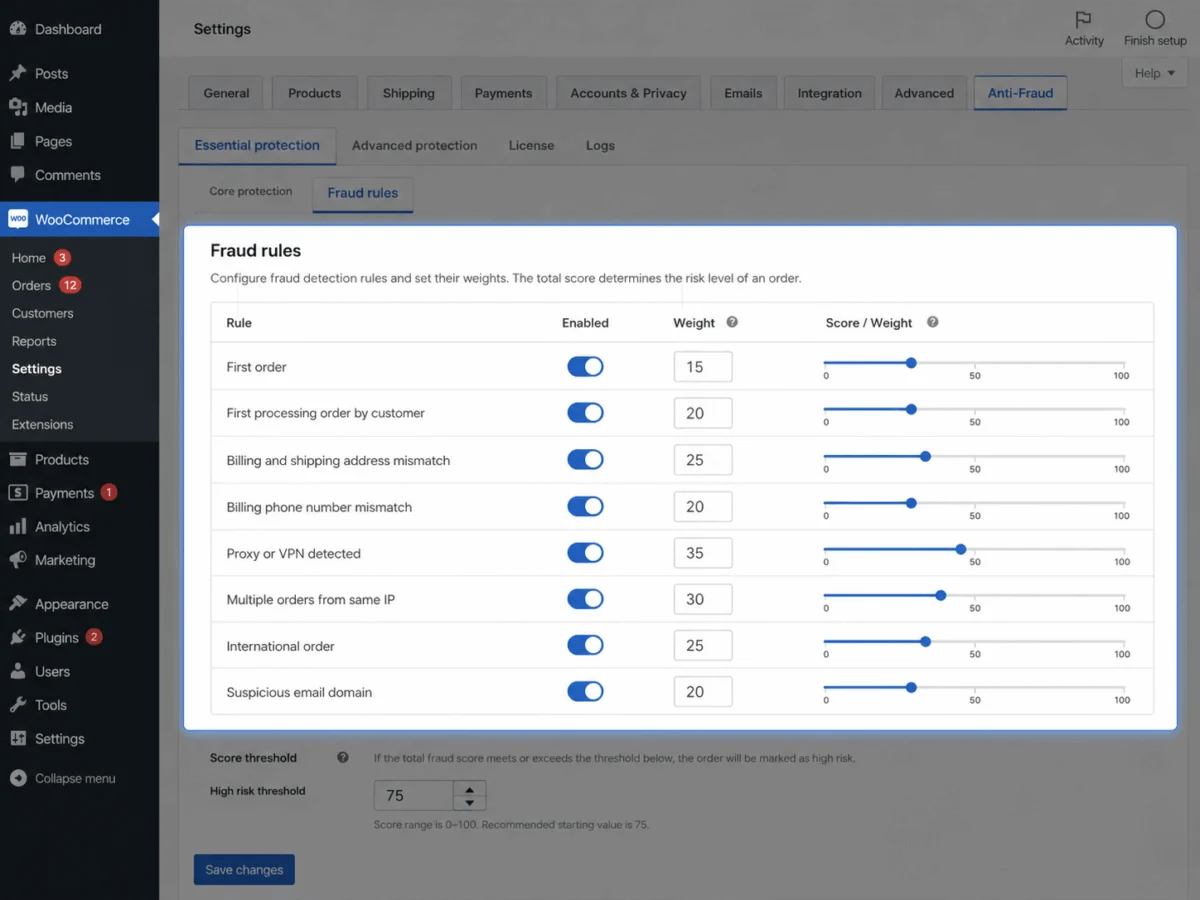 Anti Fraud for WooCommerce 风险识别与评分 WordPress 插件插图2-WP资源海 Fraud rule weight settings showing sample settings