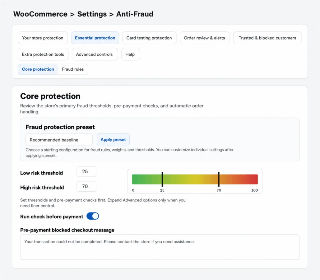 Anti Fraud for WooCommerce 风险识别与评分 WordPress 插件插图3-WP资源海 Anti-fraud core protection settings