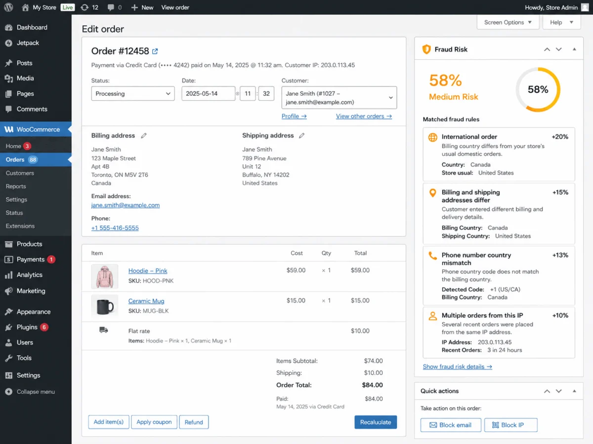 Anti Fraud for WooCommerce 风险识别与评分 WordPress 插件插图4-WP资源海 Anti-fraud Fraud order review page showing product purchased and fraud score