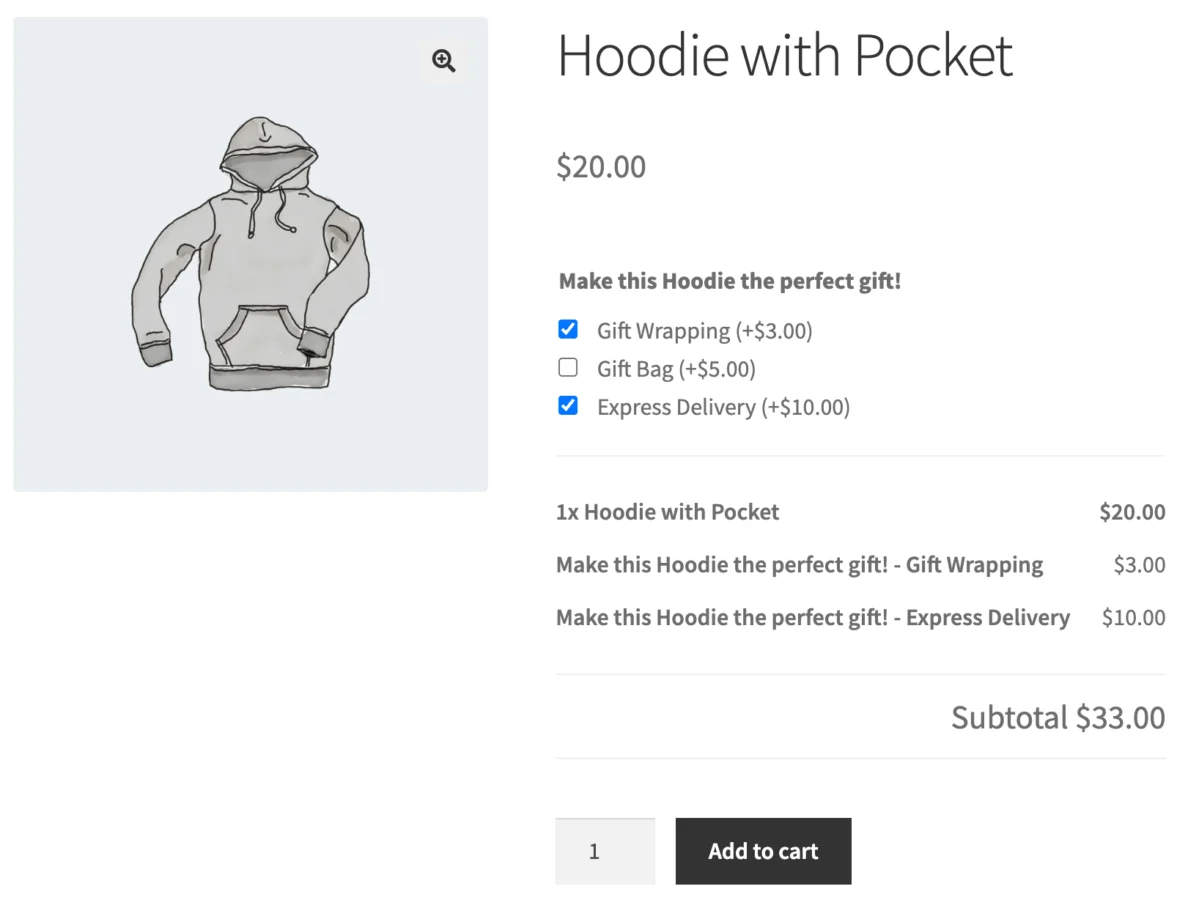 WooCommerce Product Add-Ons 产品个性化定制插件插图4-WP资源海 An example of checkbox-based options for Product Add-ons.