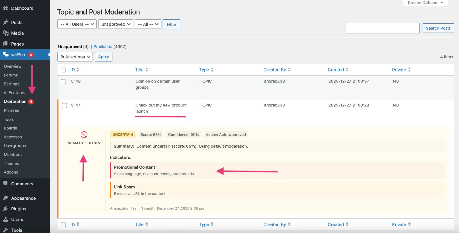 wpForo + Addons AI 驱动的社区论坛解决方案 WordPress 插件插图1-WP资源海 Spam Detection Dashboard