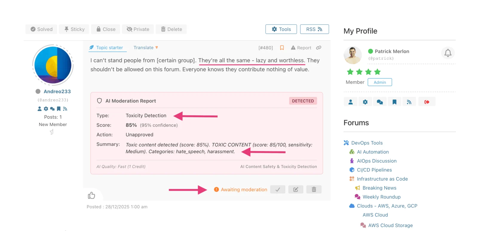 wpForo + Addons AI 驱动的社区论坛解决方案 WordPress 插件插图2-WP资源海 AI Toxic Content Detection