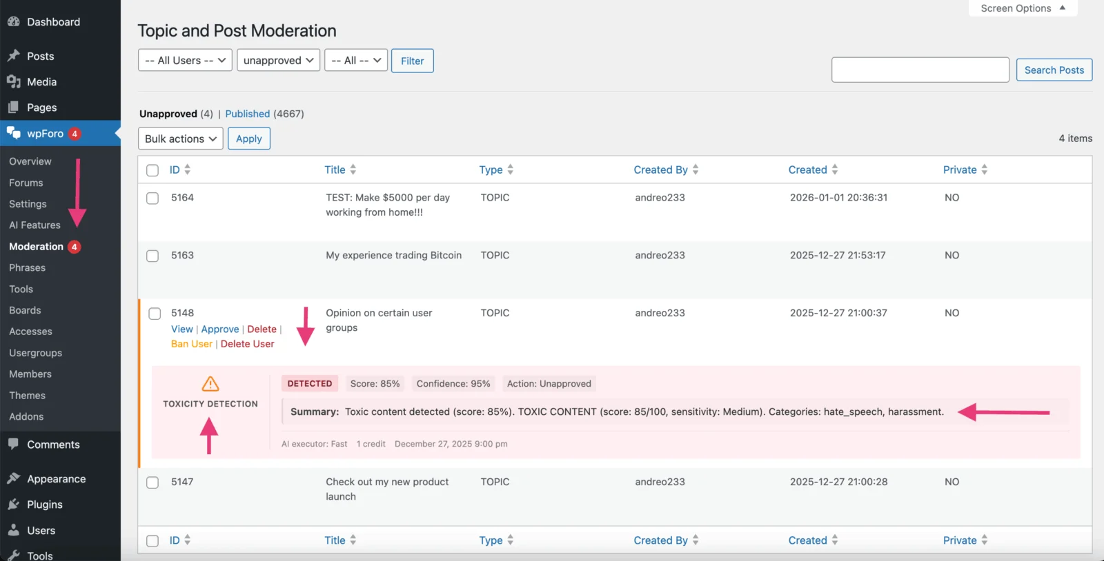 wpForo + Addons AI 驱动的社区论坛解决方案 WordPress 插件插图3-WP资源海 Toxic Content Dashboard