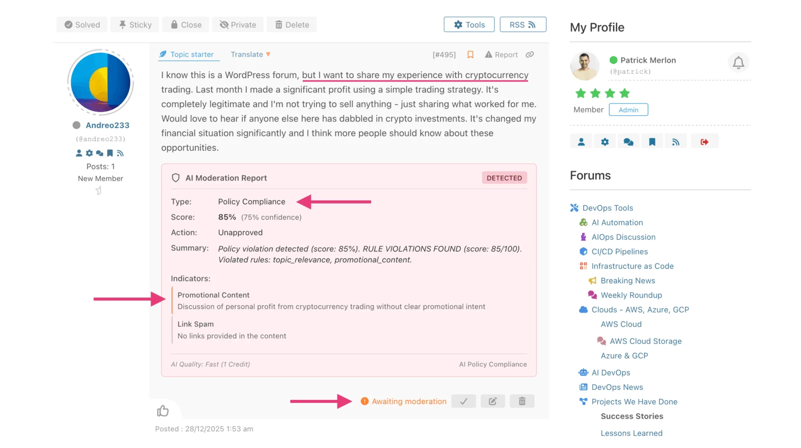 wpForo + Addons AI 驱动的社区论坛解决方案 WordPress 插件插图4-WP资源海 AI Policy Compliance Detection