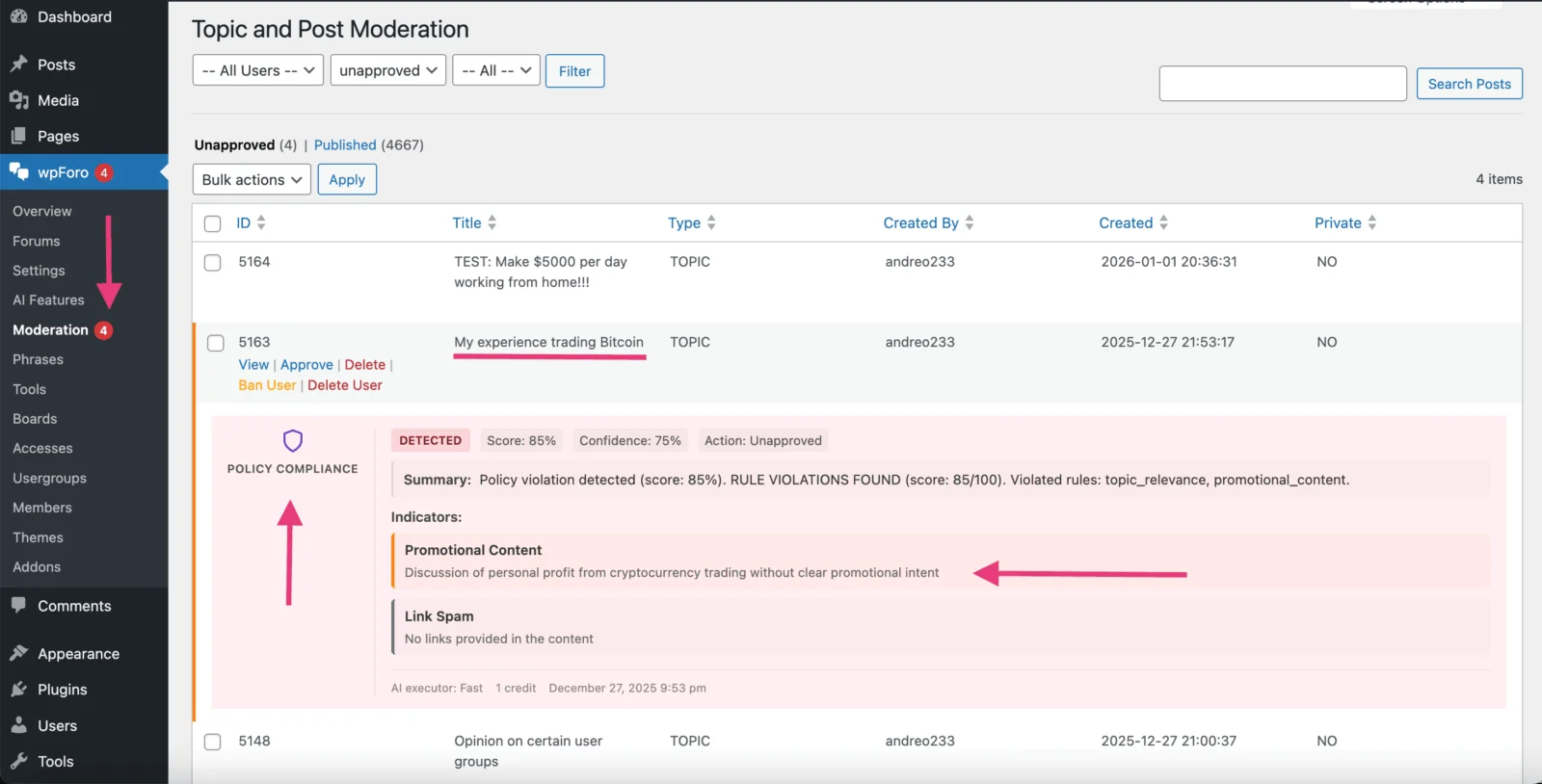 wpForo + Addons AI 驱动的社区论坛解决方案 WordPress 插件插图5-WP资源海 Policy Compliance Dashboard