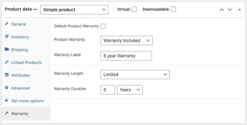 Returns and Warranty Requests for WooCommerce 退货与保修请求管理 WordPress 插件插图4-WP资源海 Product data settings showing Warranty options