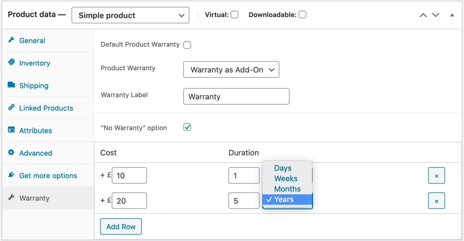 Returns and Warranty Requests for WooCommerce 退货与保修请求管理 WordPress 插件插图5-WP资源海 Product data settings allowing offering Warranty as an Add-On
