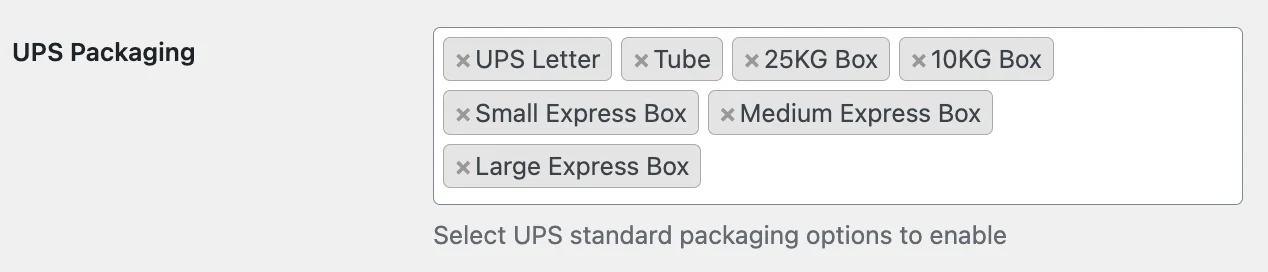 UPS Shipping Method for WooCommerce 精准运费计算 WordPress 插件插图1-WP资源海 Screenshot showing the available UPS packaging settings to enable on the UPS settings page within a Shipping Zone shipping method