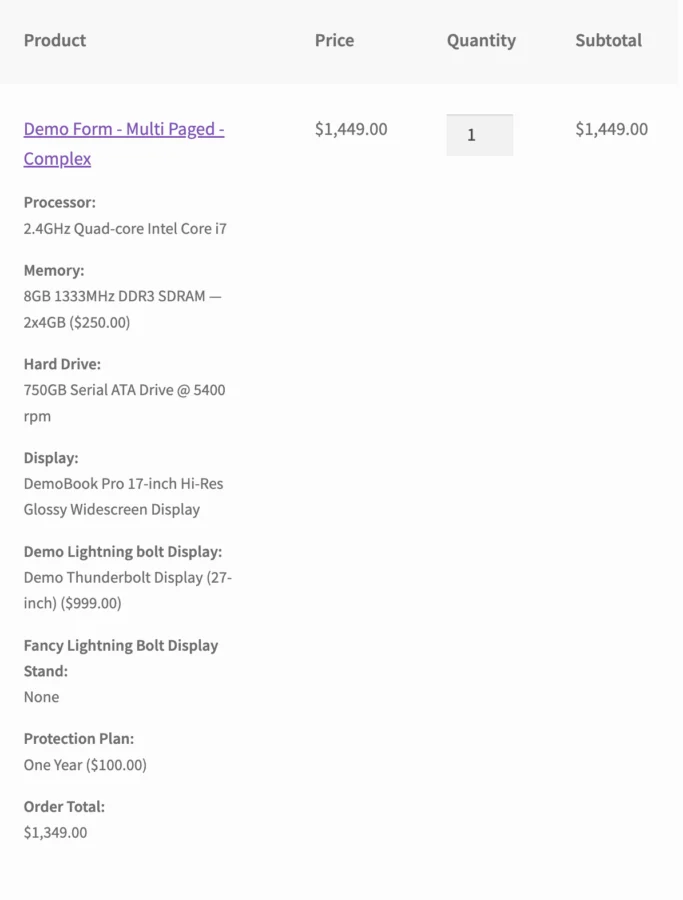 Gravity Forms Product Add-ons for WooCommerce 产品配置表单与实时定价 WordPress 插件插图1-WP资源海 WooCommerce cart showing detailed form field data for a configured product