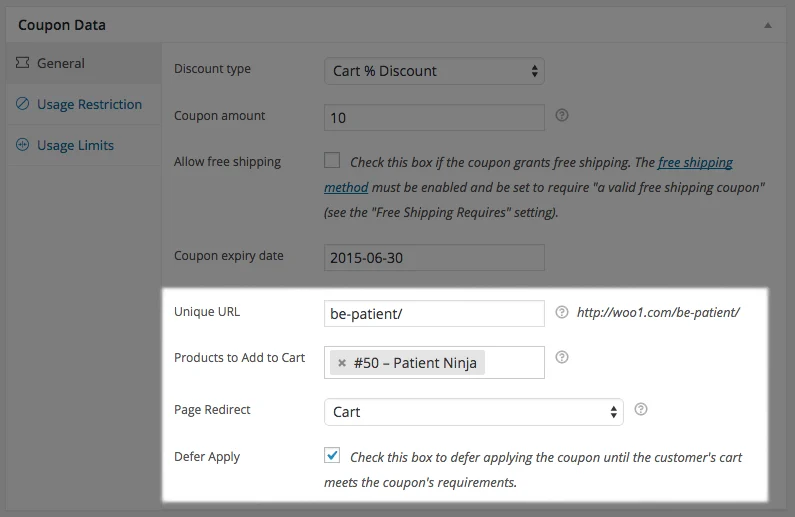 URL Coupons for WooCommerce 链接访问自动应用折扣 WordPress 插件插图2-WP资源海 new URL Coupon settings