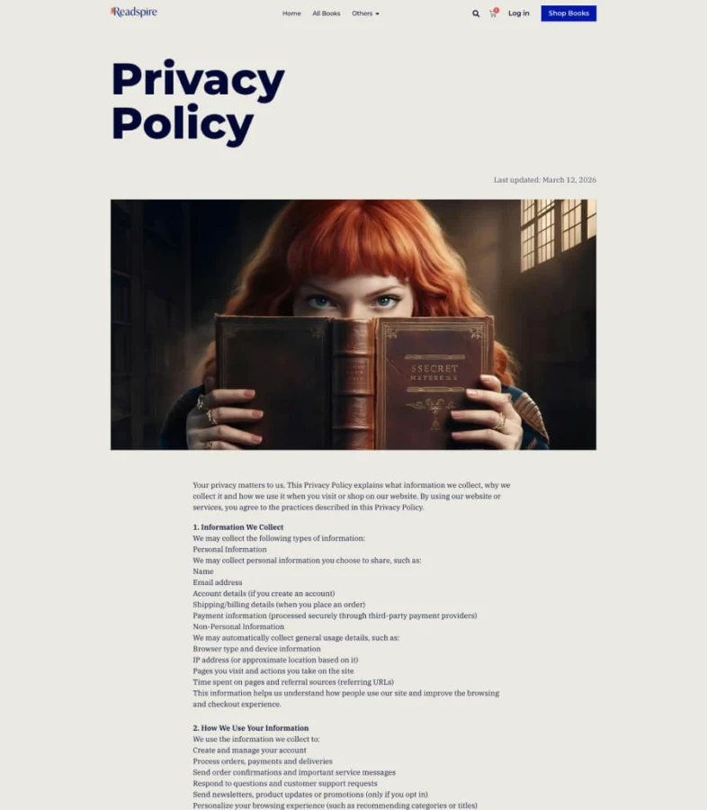 专业书店Elementor网站模板_一键导入快速建站插图8-WP资源海 Readspire Privacy Policy Page For Elementor