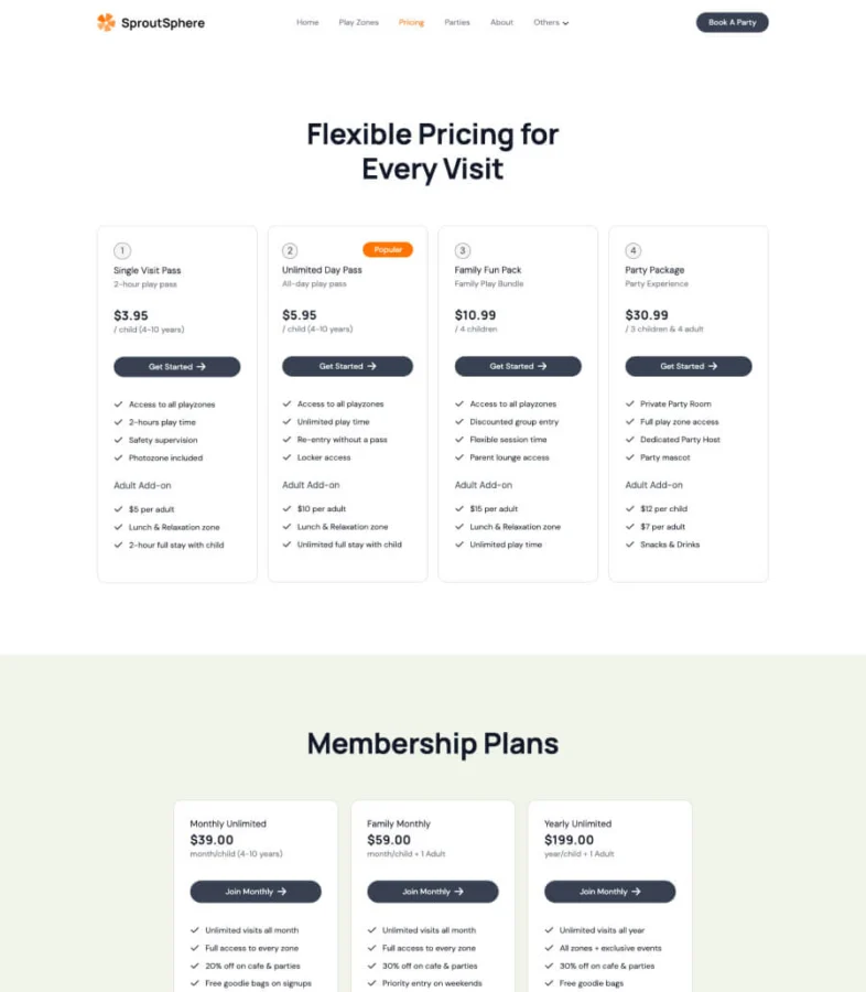 室内游乐区Gutenberg网站模板_一键导入快速建站插图2-WP资源海 SproutSphere Pricing Page For Gutenberg