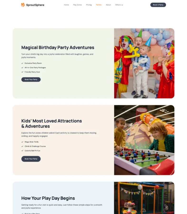 室内游乐区Gutenberg网站模板_一键导入快速建站插图3-WP资源海 SproutSphere Parties Page For Gutenbeg
