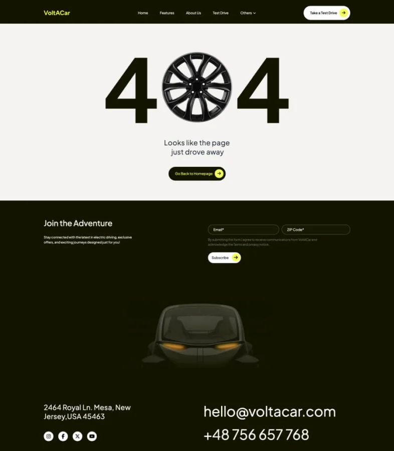 电动汽车Gutenberg网站模板_一键导入快速建站插图8-WP资源海 VoltACar 404 Error Page