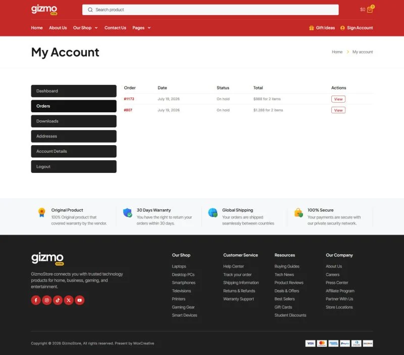 电商 Elementor 模板我的账户预览