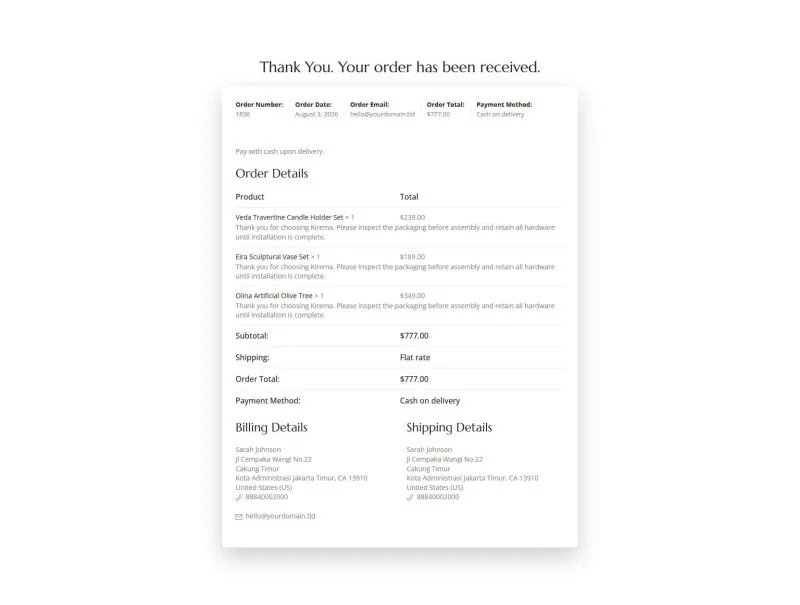 家居装饰Elementor网站模板_一键导入快速建站插图6-WP资源海 家居用品 Elementor 模板订单摘要预览
