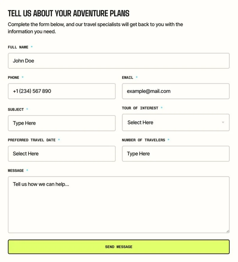户外/旅行 Elementor 模板联系表单预览