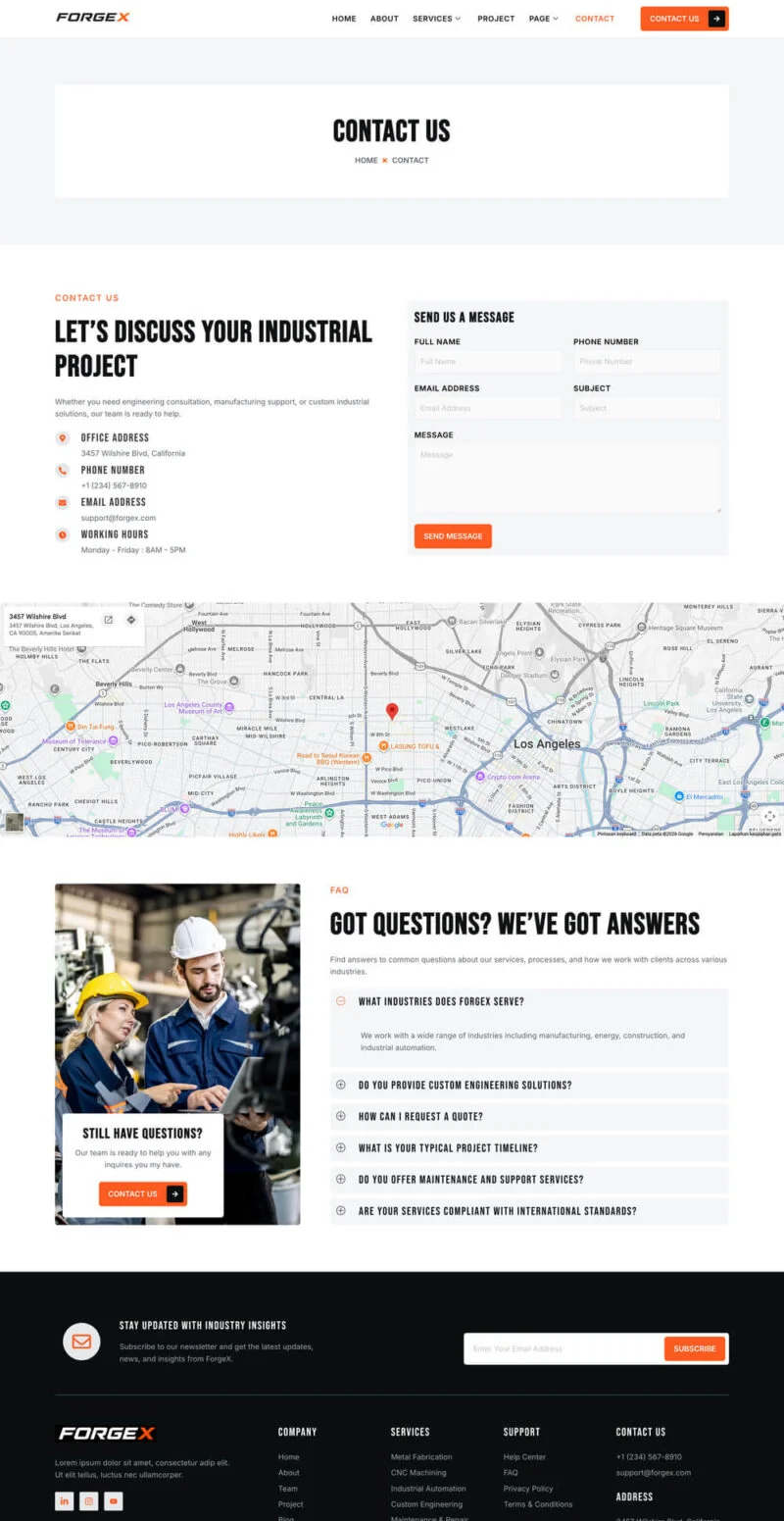 工业制造Elementor网站模板_一键导入快速建站插图2-WP资源海 工业/工厂 Elementor 模板联系页面预览