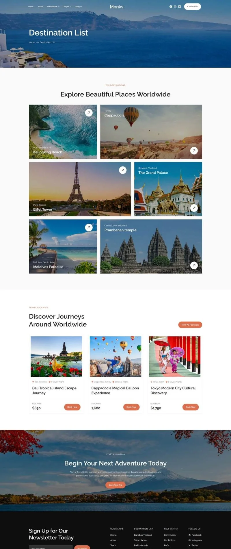 户外/旅行 Elementor 模板目的地列表预览