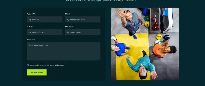 运动/健身 Elementor 模板联系表单预览