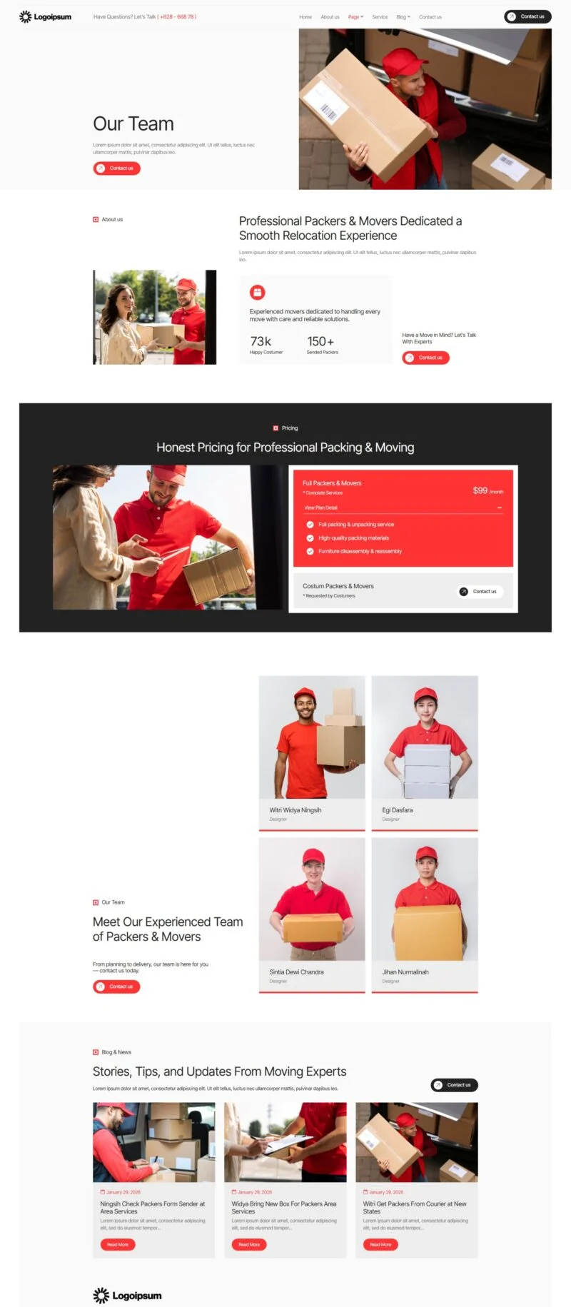 搬家运输服务Elementor网站模板_一键导入快速建站插图5-WP资源海 物流/运输 Elementor 模板团队页面预览