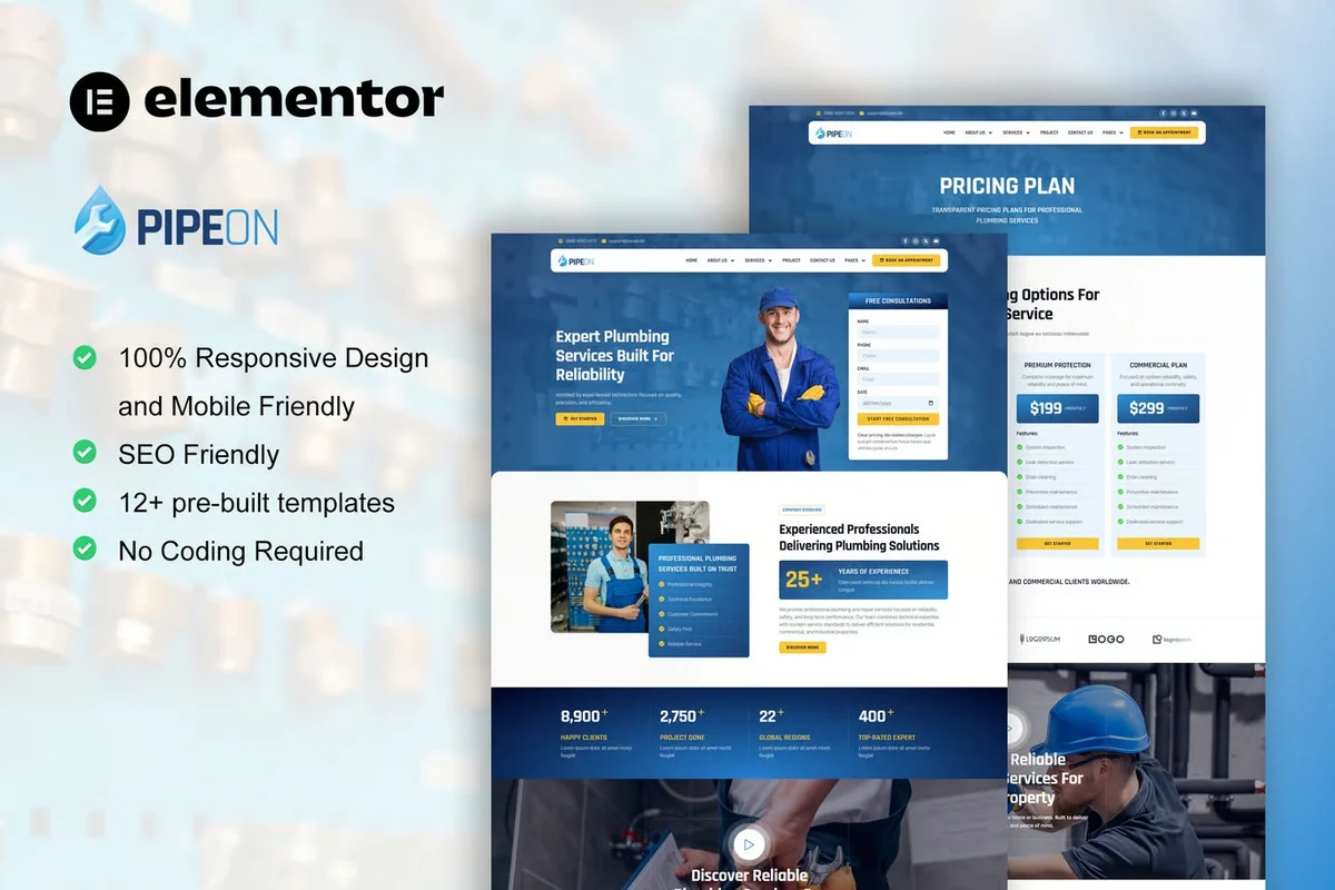 管道维修服务Elementor网站模板_一键导入快速建站插图-WP资源海 维修 Elementor 网站模板封面