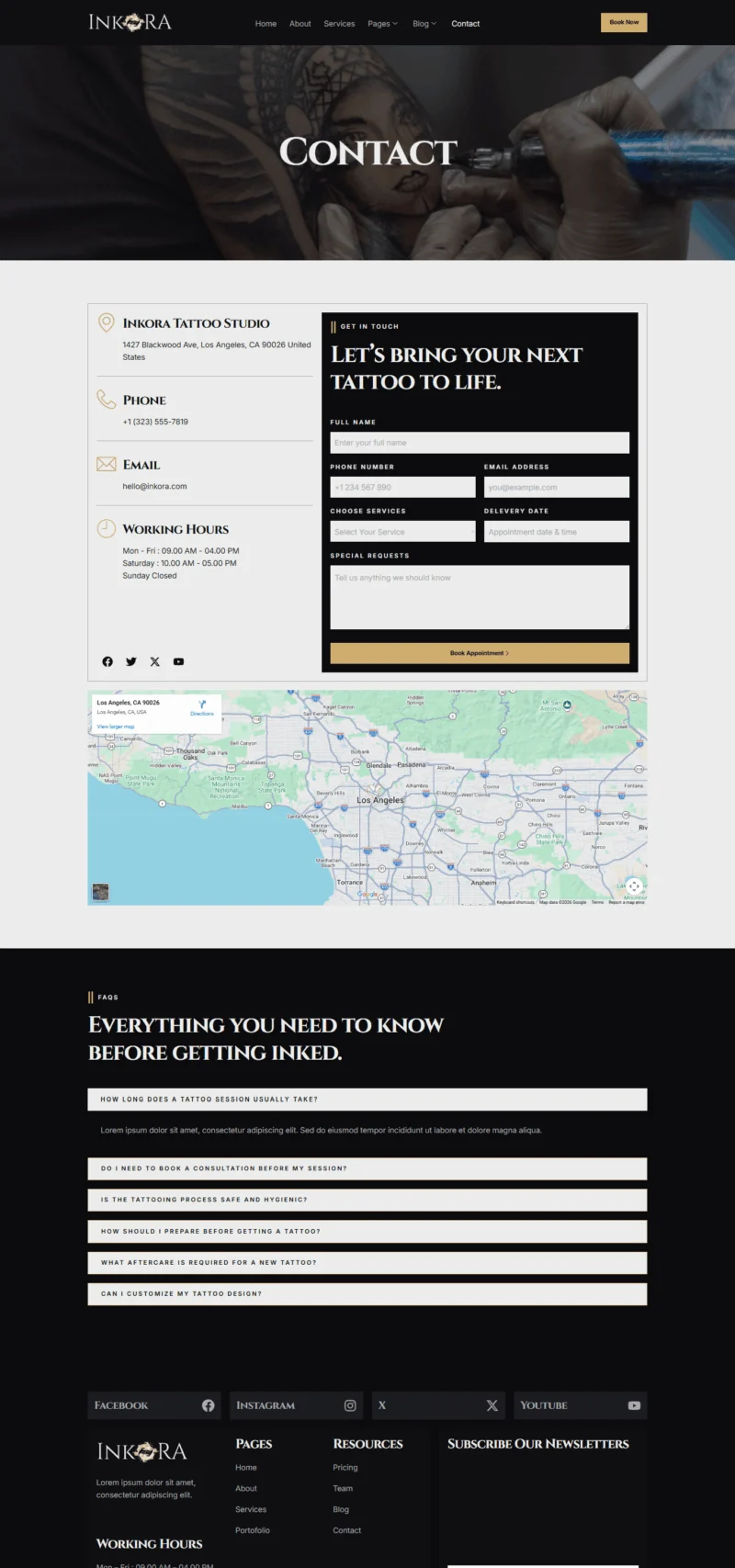 纹身工作室Elementor网站模板_一键导入快速建站插图2-WP资源海 门店 Elementor 模板联系页面预览