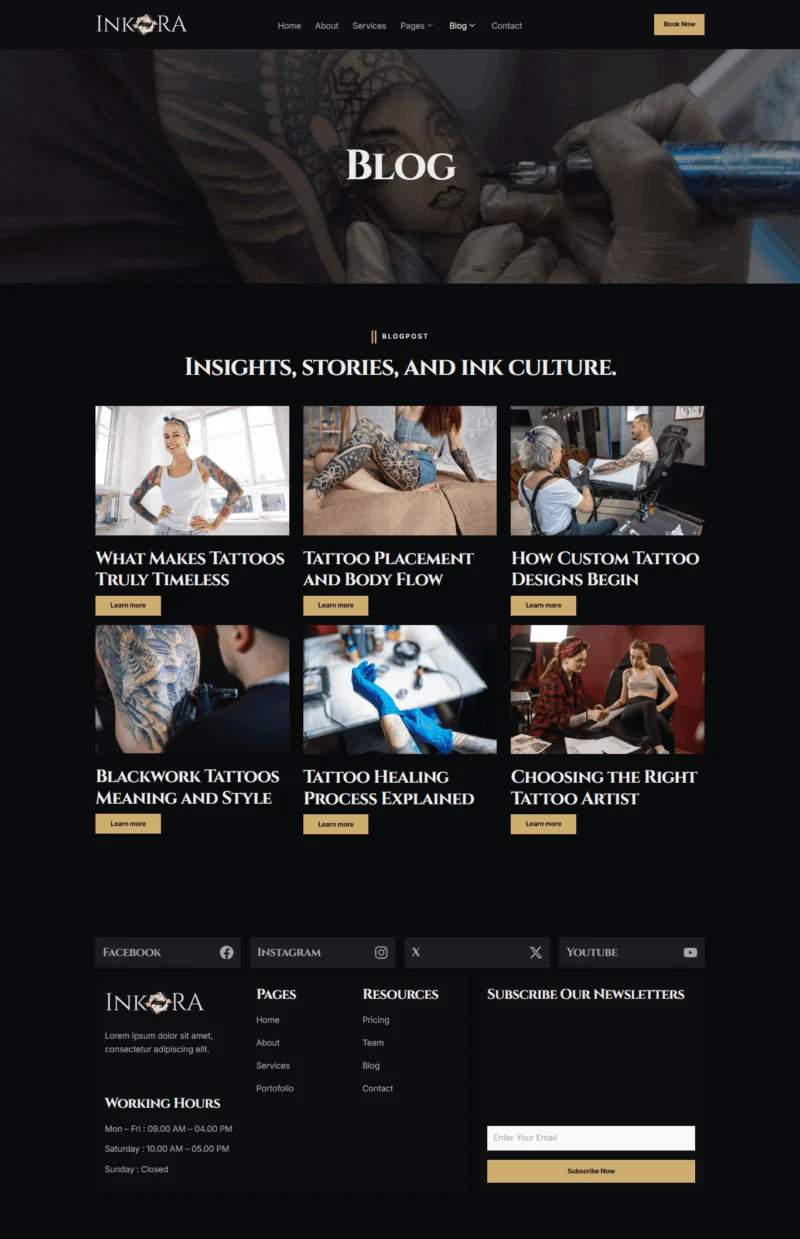 纹身工作室Elementor网站模板_一键导入快速建站插图3-WP资源海 门店 Elementor 模板博客页面预览