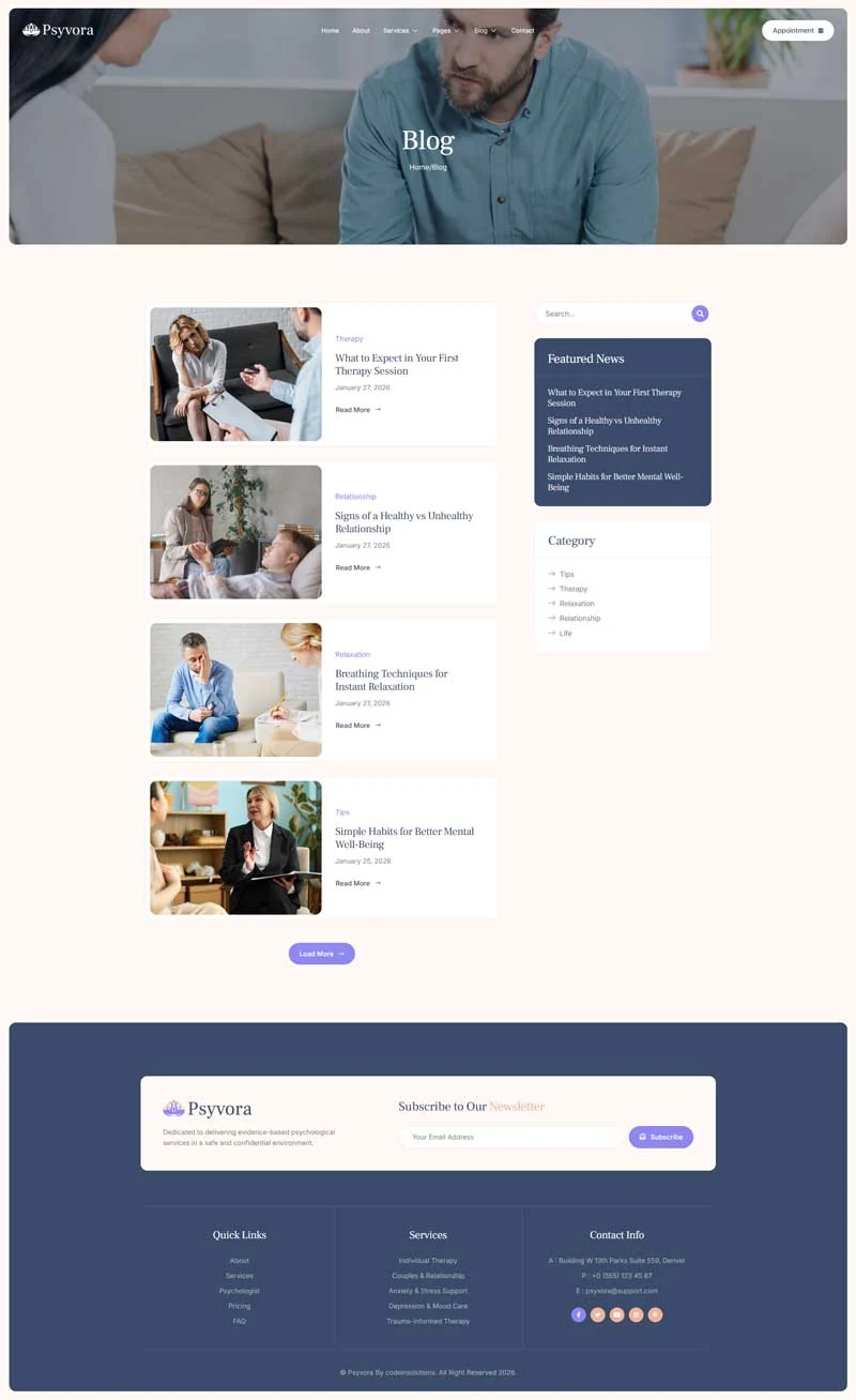 心理咨询与心理健康Elementor网站模板_一键导入快速建站插图7-WP资源海 健康/医药 Elementor 模板博客页面预览