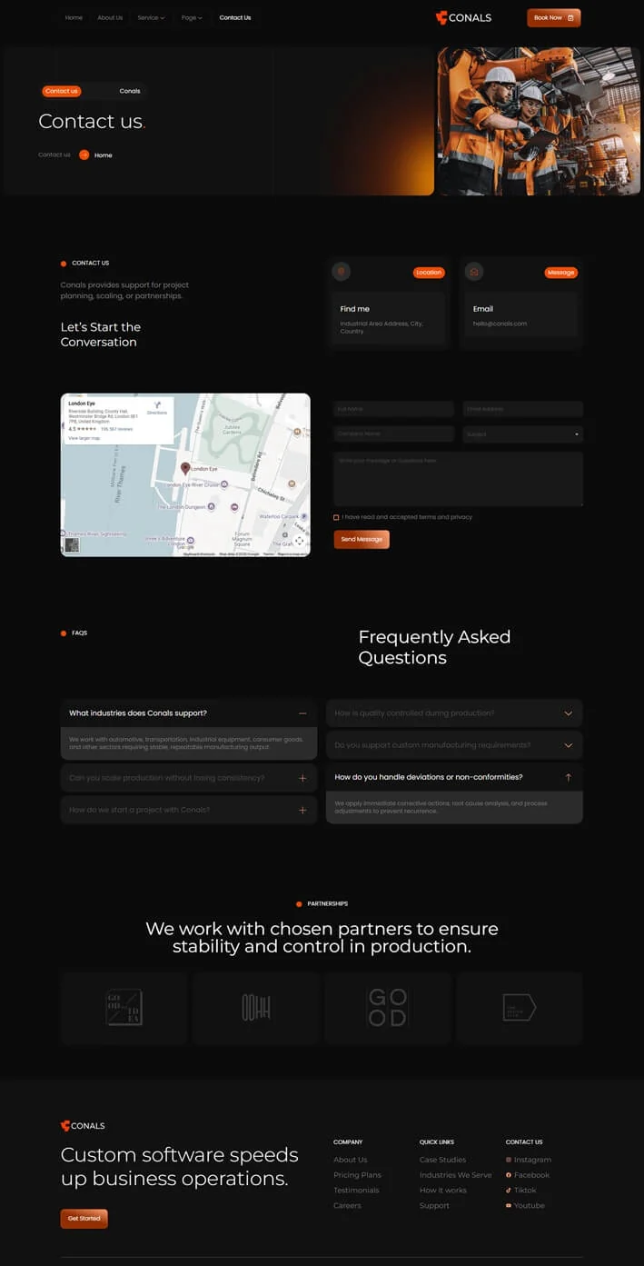 制造业工业企业Elementor网站模板_一键导入快速建站插图2-WP资源海 制造业 Elementor 模板联系页面预览
