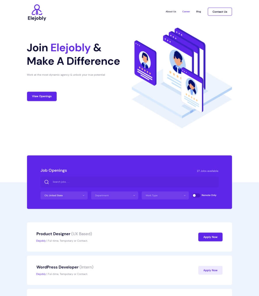 职业招聘着陆页Elementor网站模板_一键导入快速建站插图8-WP资源海 Careerly Header 2