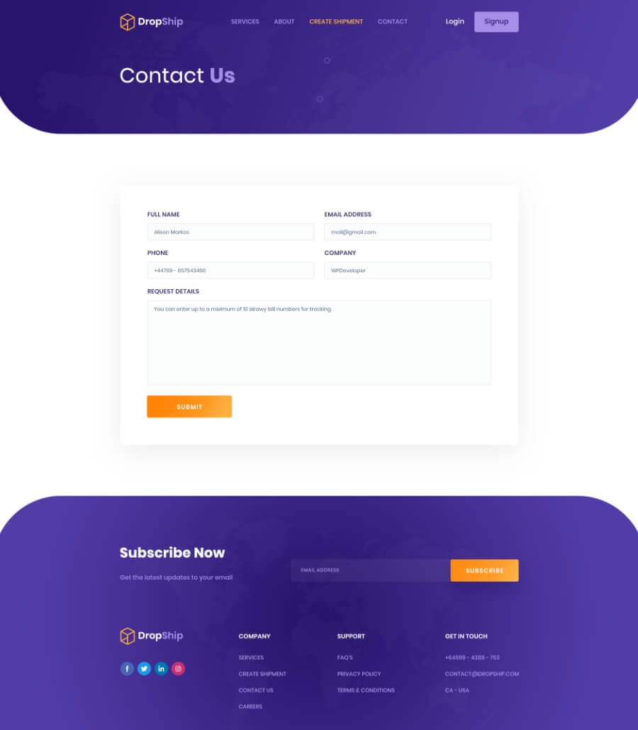 物流配送Elementor网站模板_一键导入快速建站插图3-WP资源海 DropShip Contact Page