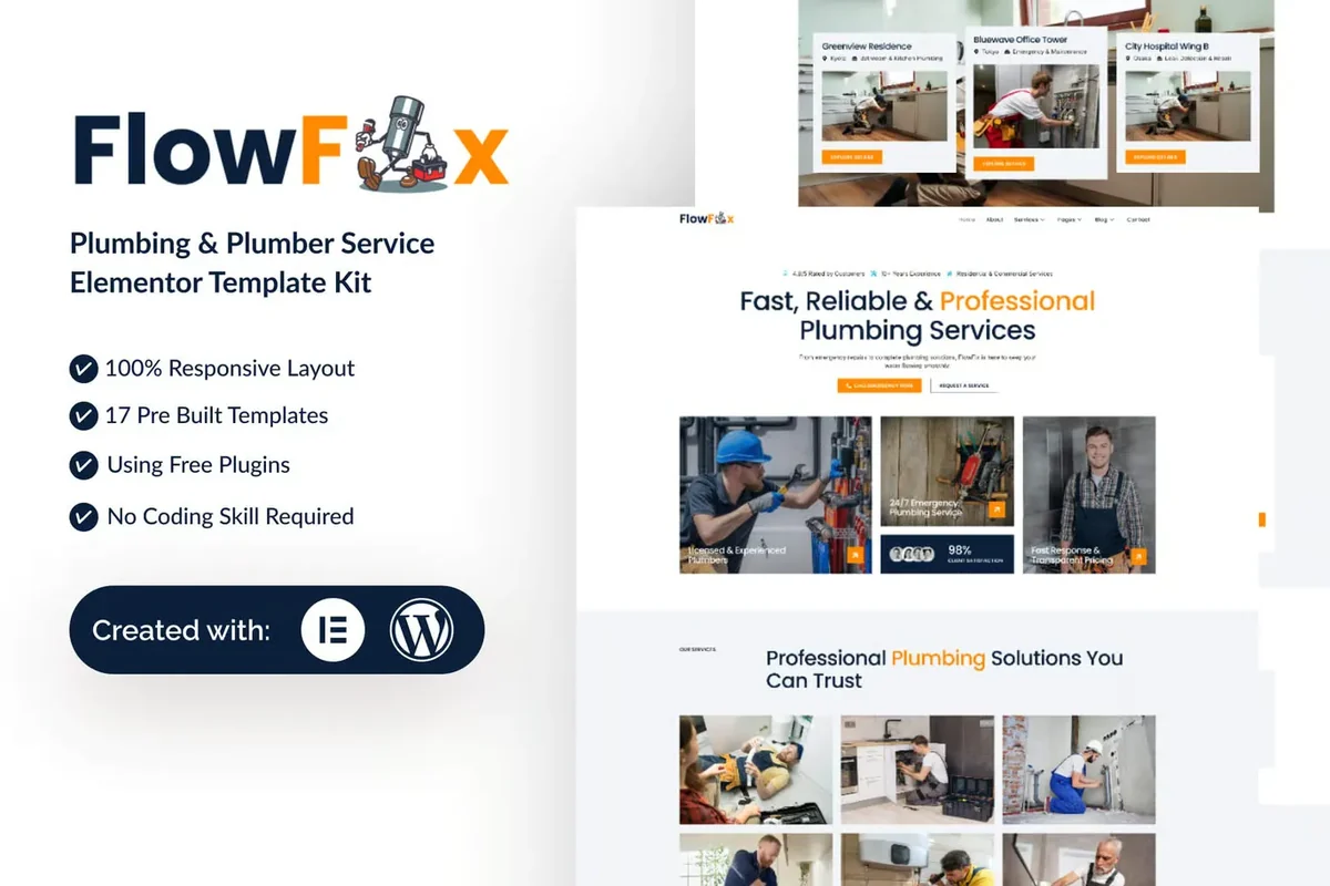 管道维修水管工服务Elementor网站模板_一键导入快速建站插图-WP资源海 维修 Elementor 网站模板封面