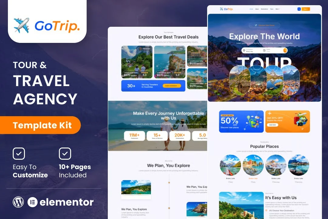 旅游线路Elementor网站模板_一键导入快速建站插图-WP资源海 户外/旅行 Elementor 网站模板封面