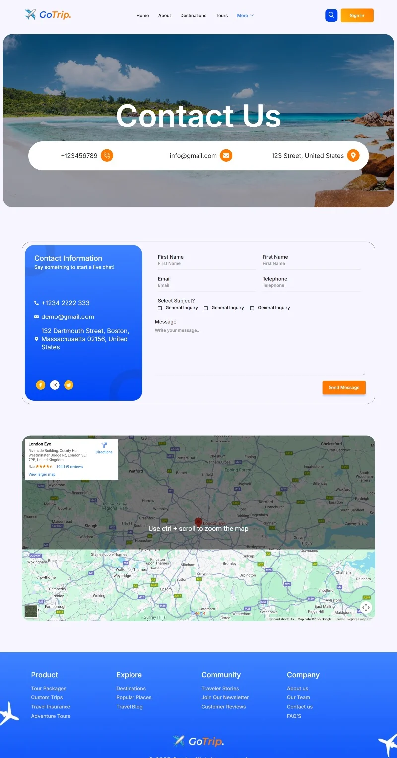旅游线路Elementor网站模板_一键导入快速建站插图2-WP资源海 户外/旅行 Elementor 模板联系页面预览