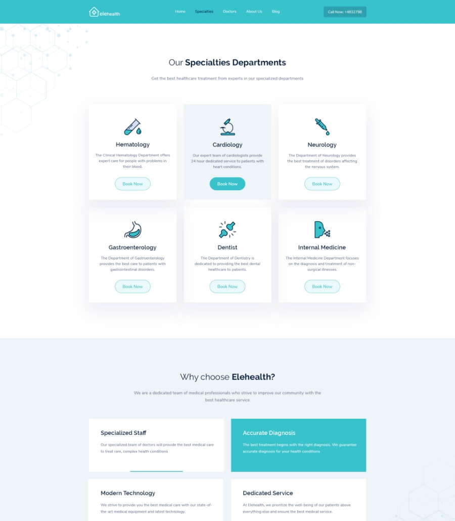 EleHealth Website Template Specialties Page