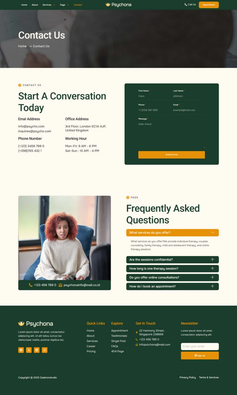 健康/医药 Elementor 模板联系页面预览