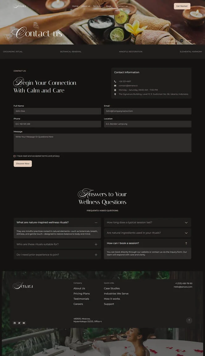 SPA 水疗养生会所Elementor网站模板_一键导入快速建站插图2-WP资源海 美容/美发 Elementor 模板联系页面预览